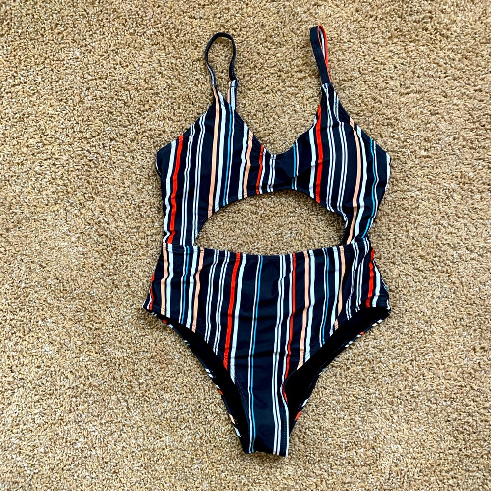 Lizaful open torso striped one piece swim suit
